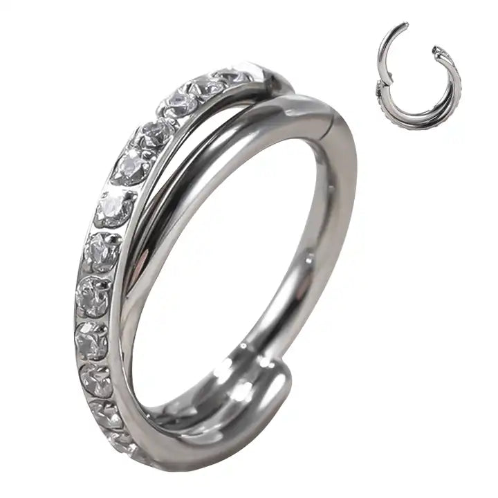 Piercing anneau argenté / doré croisé strass zircon
