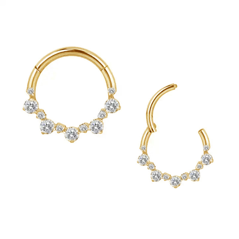 Piercing anneau argenté /doré avec 5 grand et 4 petit strass zircon blanc