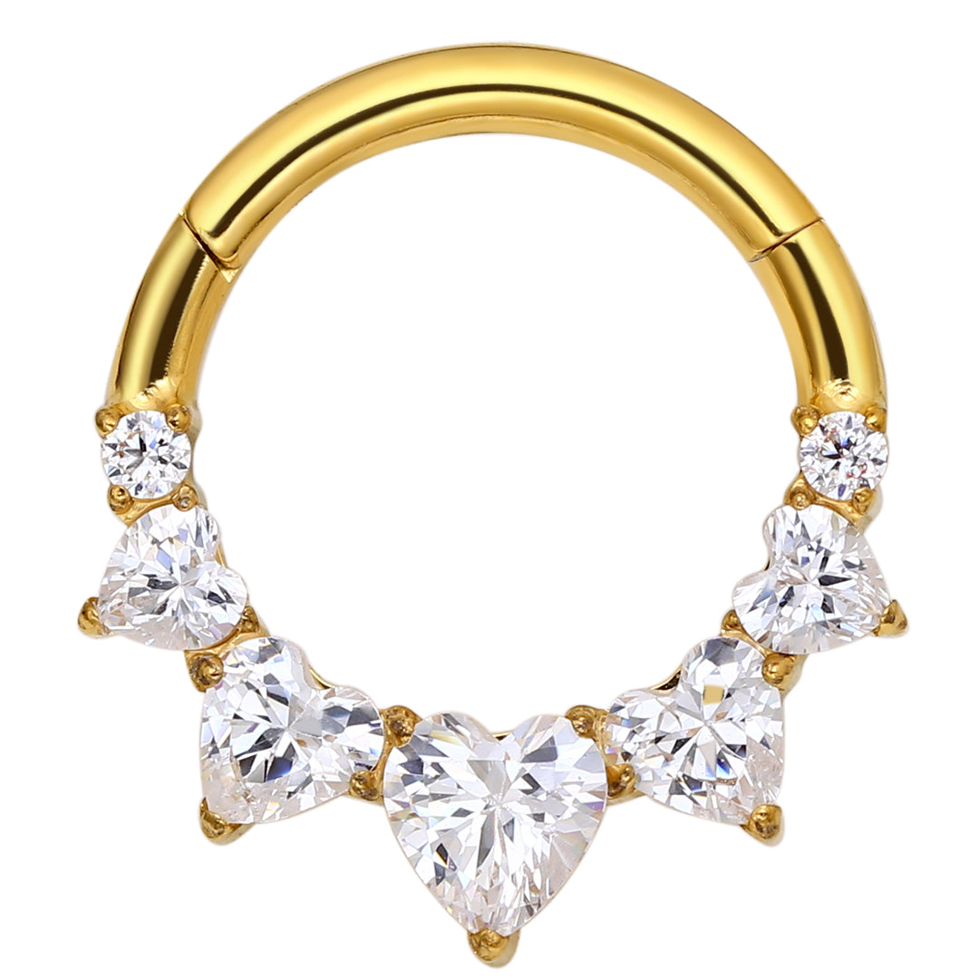 Piercing anneau argenté / doré avec 5 strass zircon en forme de cœur
