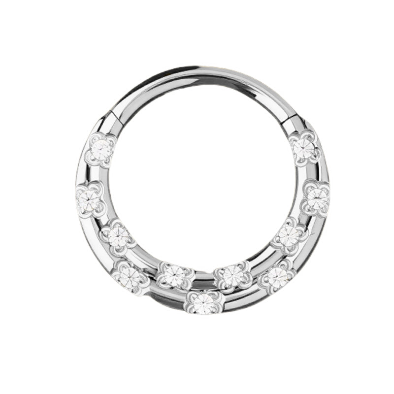 Piercing anneau argenté / doré avec gravure fleur et strass zircon blanc