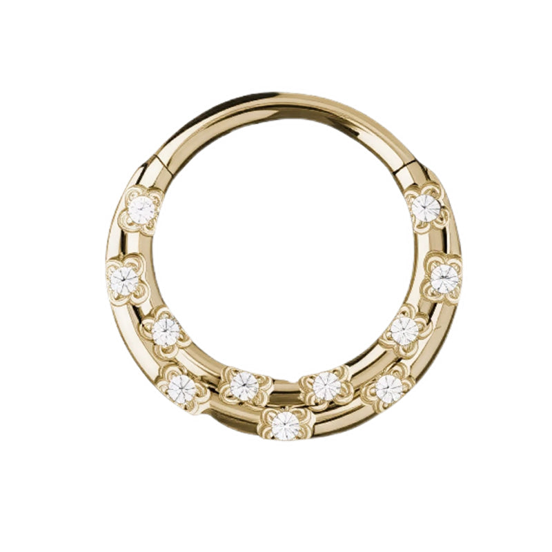 Piercing anneau argenté / doré avec gravure fleur et strass zircon blanc