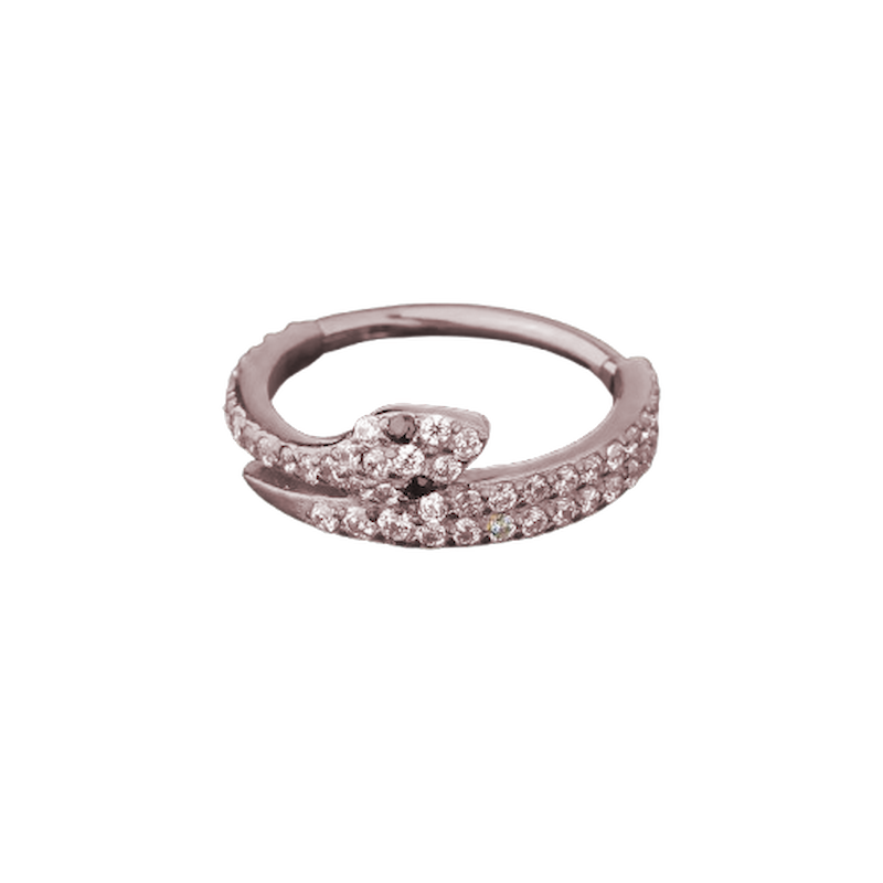 Piercing anneau argenté /doré serpent entouré de strass zircon blanc et yeux strass zircon noir