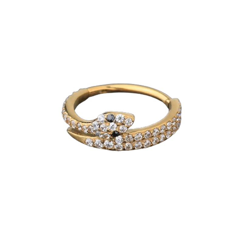 Piercing anneau argenté /doré serpent entouré de strass zircon blanc et yeux strass zircon noir