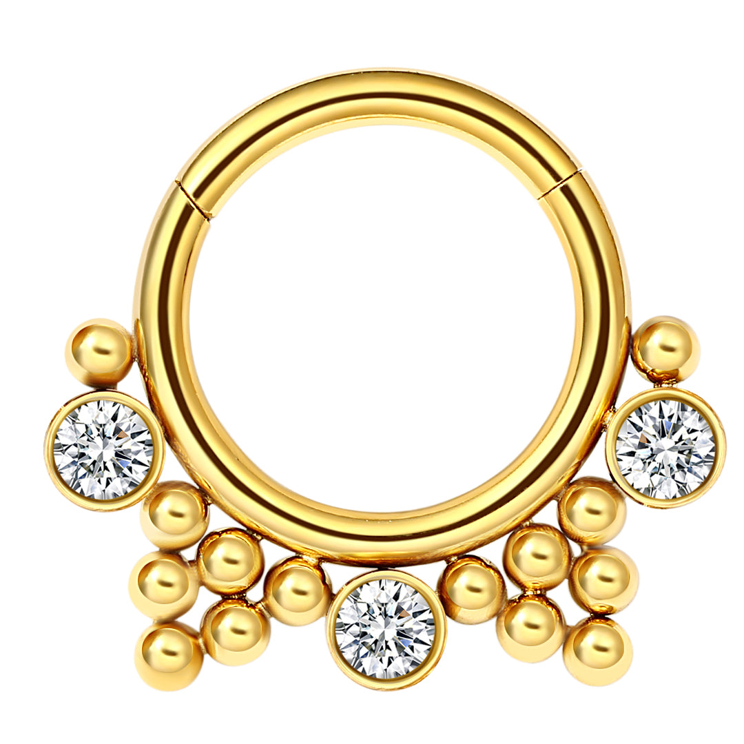 Piercing anneau argenté / doré avec boule et 3 strass zircon