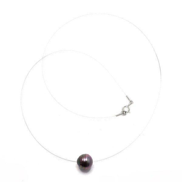 Collier nylon, perle cerclée et fermoir argent