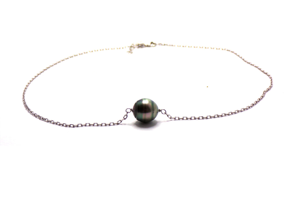 Collier argent et perle cerclée - chaîne maille forçat
