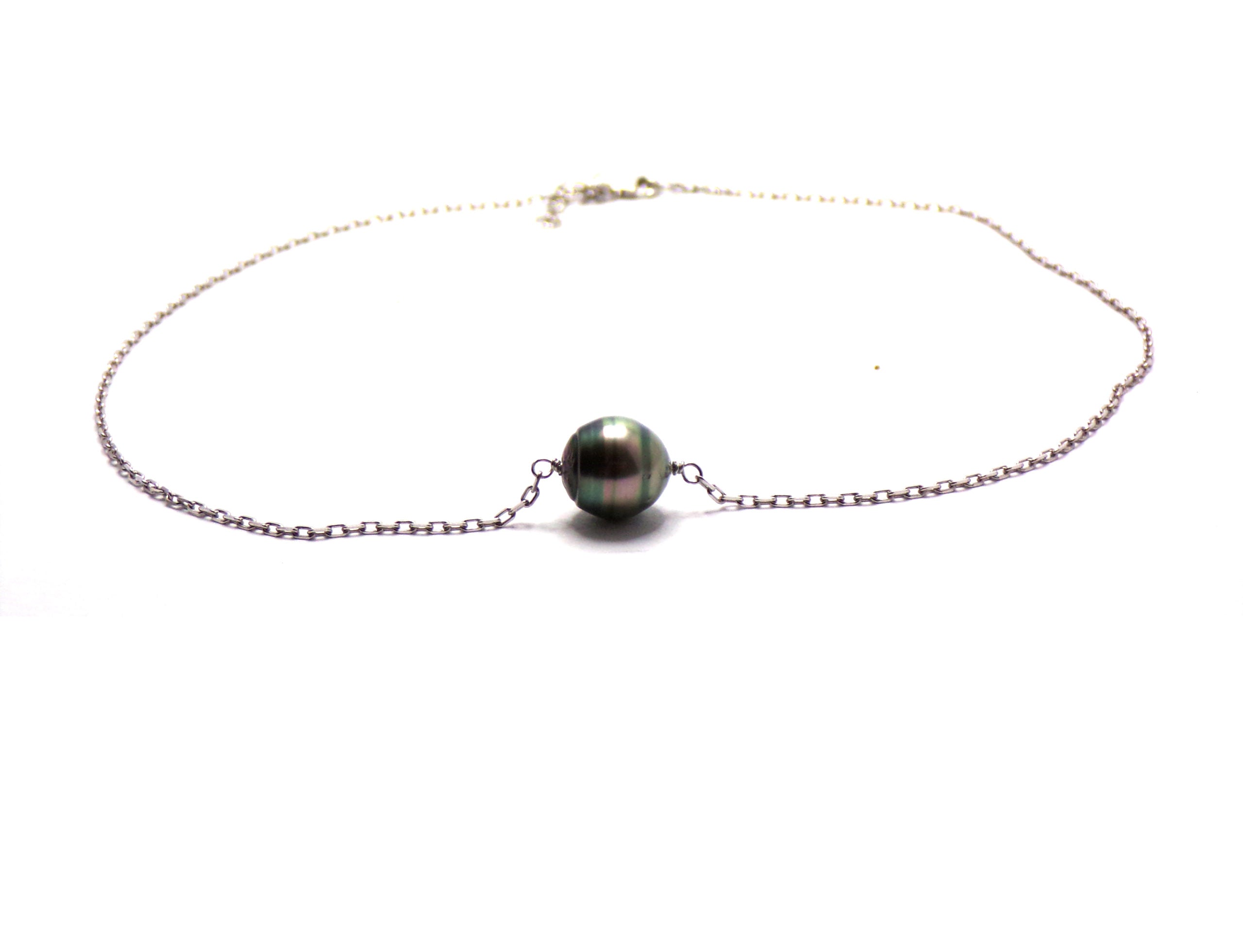 Collier argent et perle cerclée - chaîne maille forçat