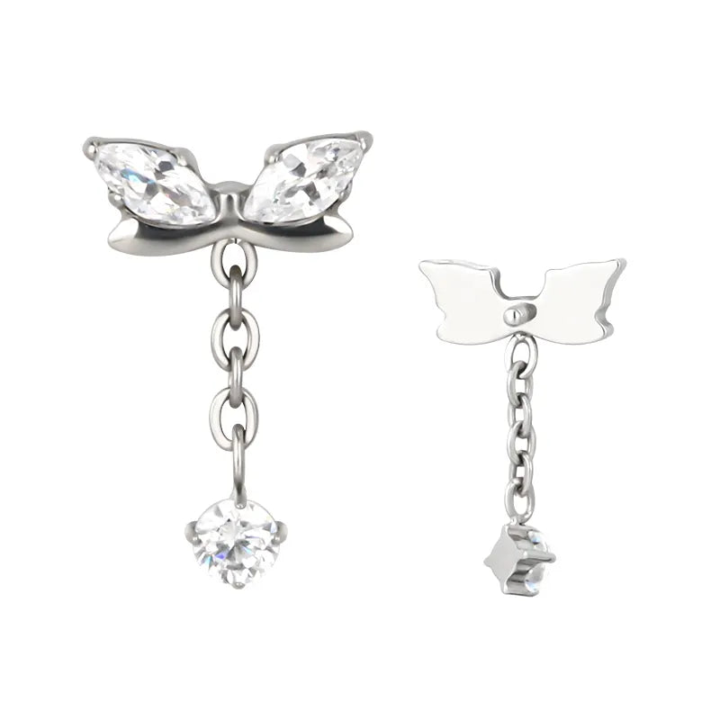 Piercing labret argenté / doré avec double larme strass zircon blanc et pendentif étoile strass zircon blanc