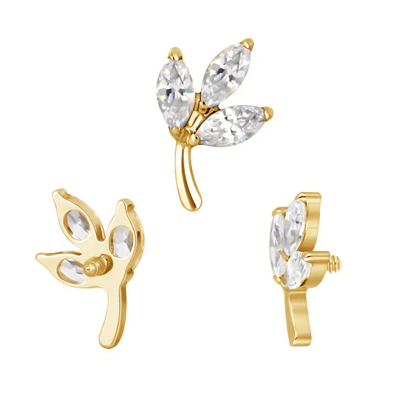 Labret piercin argenté / doré en forme de feuillage avec trois larme en strass zircon blanc