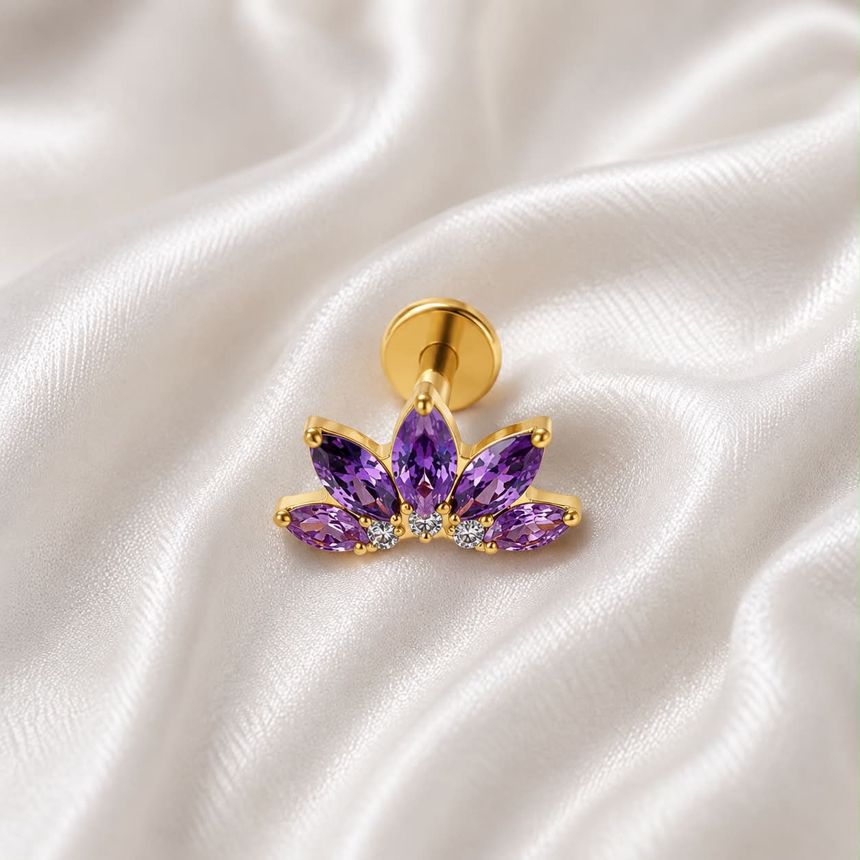 Piercing labret doré / argenté marquise strass zircon rouge / blanc / violet